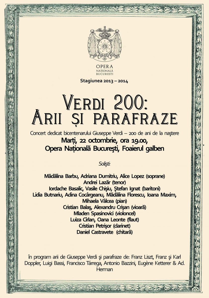 Concert „Verdi 200: arii şi parafraze” la Opera Naţională Bucureşti